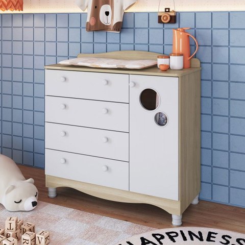 Cômoda Infantil 4 Gavetas 1 Porta Encanto Carvalho/Branco - Completa Móveis