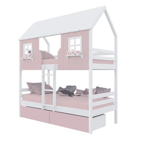 Beliche Casinha Encantada com 02 Gavetas Madeira Maciça Rosa/ Branco Megamobilia