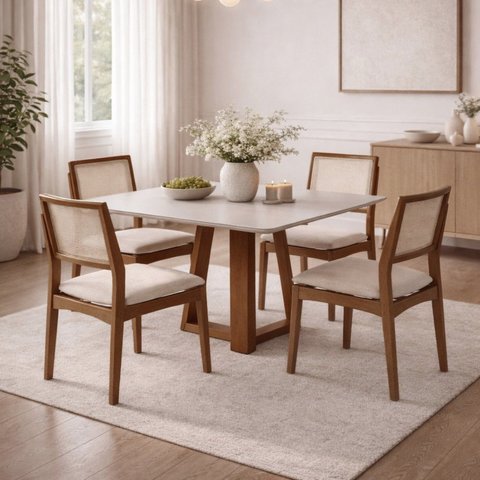 Mesa de Jantar 4 Lugares Retangular Isis Tampo de Vidro Off-White Pés em Madeira Maciça Imbuia