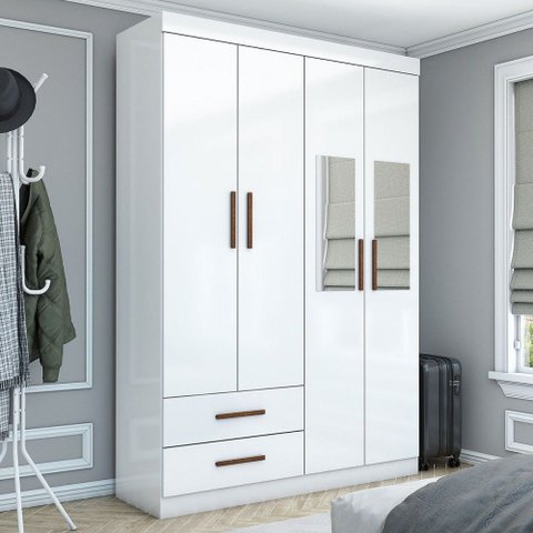 Guarda-roupa Solteiro Genova 4 Portas 2 Gavetas com Espelho Branco - Carioca Móveis