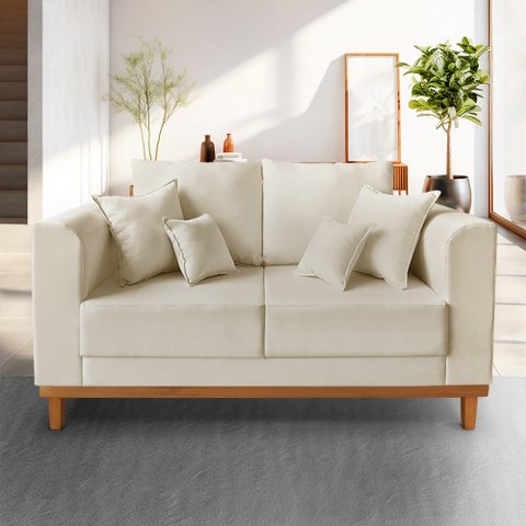 Sofá Viena 02 Lugares com Base de Madeira Suede Bege - Madeira Prima Deccor