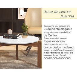 Mesa de Centro Sala de Estar Áustria Decoração Pés Madeira Tampo Redondo Branco - 2