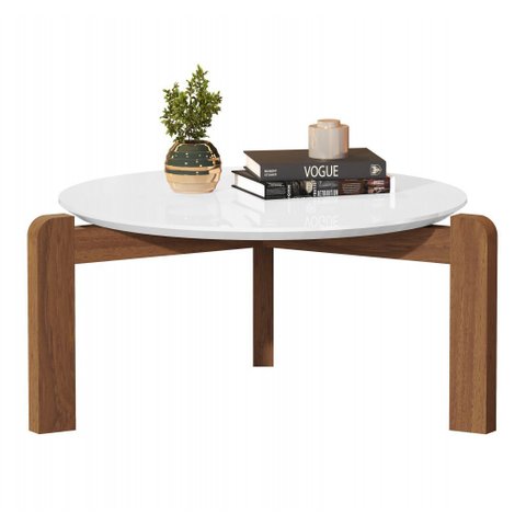 Mesa de Centro Sala de Estar Áustria Decoração Pés Madeira Tampo Redondo Branco