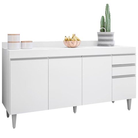 Balcão para Cozinha 160 cm com Tampo 4 Portas Lena Branco