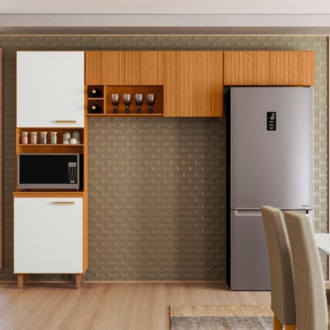 Cozinha Compacta 7 Portas Paneleiro Duplo Sicília Freijó/Ripado Frisado Yescasa