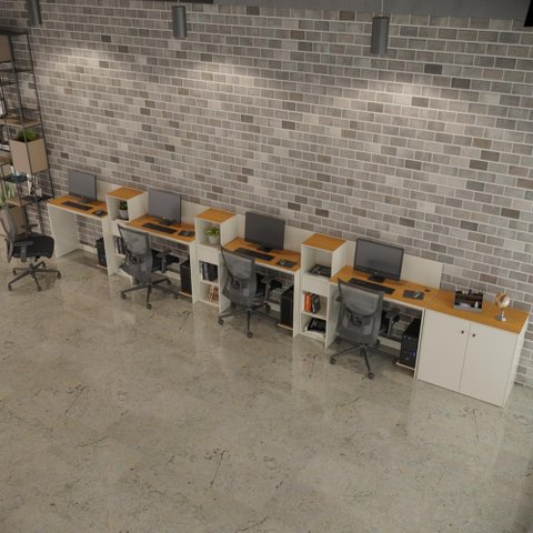 Conjunto de Escritório Smart 3 Livreiro 1 Buffet e 4 Mesas 90cm - Off White e Cedro
