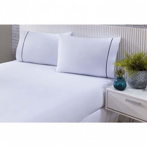 Jogo de Cama 100% Algodão Percal 150 Fios Solteiro Gran Moratta 2 Peças - Branco e Detalhe Azul