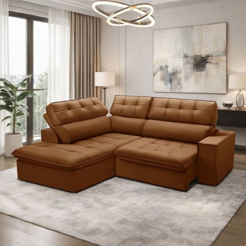 Sofá 3 Lugares Retrátil Reclinável Chaise Esquerdo 243cm Solin F04 Veludo Terracota - Lyam Decor