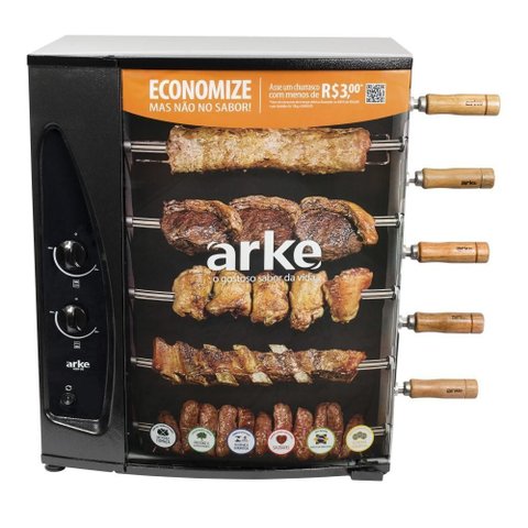 Churrasqueira a Gás Natural Gn com 5 Espetos Giratórios Assador Rotativo Bivolt Aço Carbono Arke