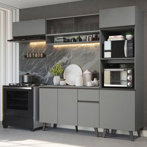 Armário de Cozinha Completa 260cm Cinza Nice Madesa 04