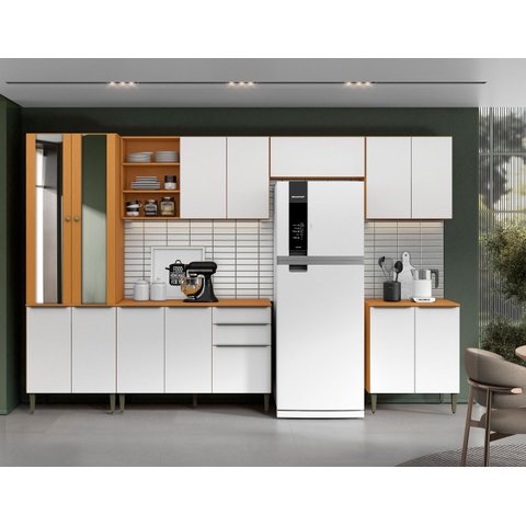 Cozinha Modulada 7 Peças Luana com Paneleiro Portas de Vidro - Cinamomo/branco Aramóveis