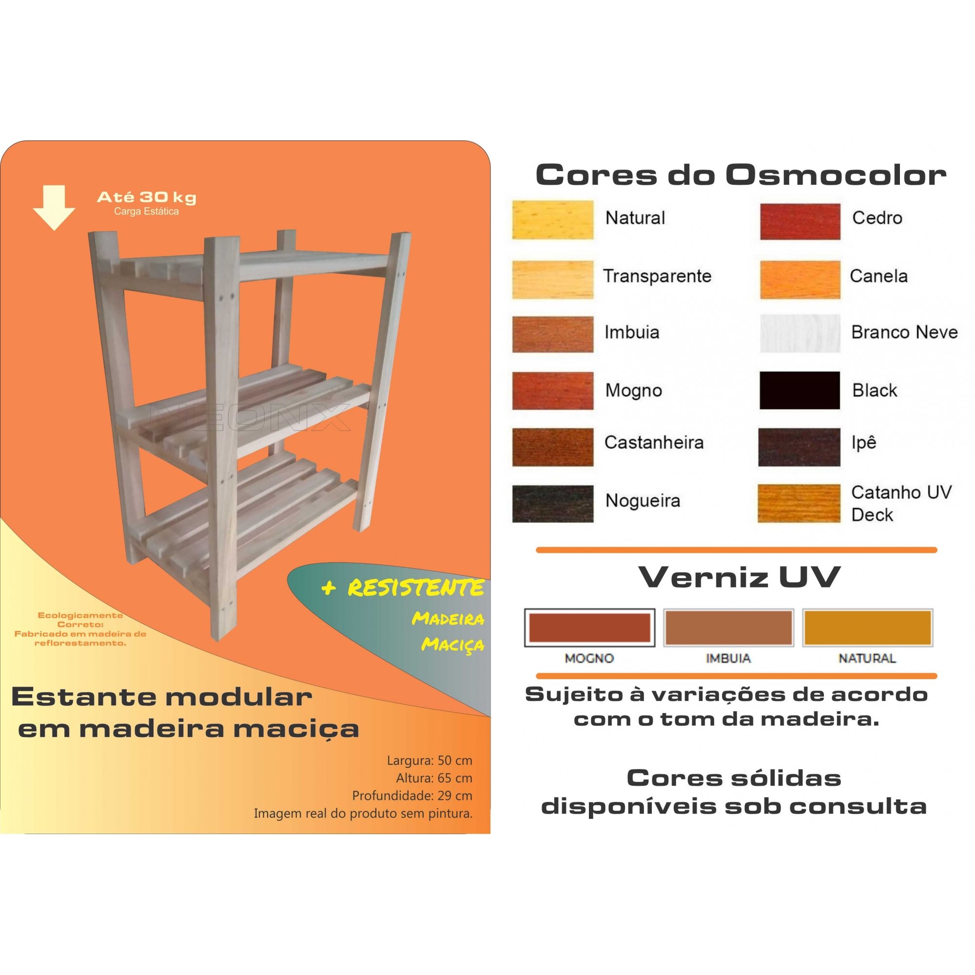 Estante Modular 3 Prateleiras Madeira Maciça 65x50x29 Cm Pintada Neonx - Verniz Mogno Uv - 2