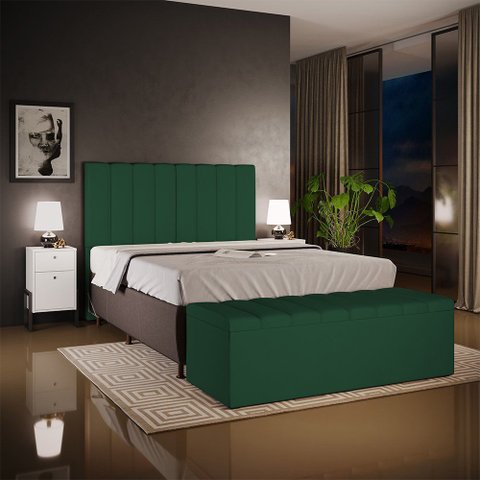 Kit Cabeceira Cama Box Casal 140cm Calçadeira Recamier Baú Dália W01 Suede Verde Musgo - Lyam
