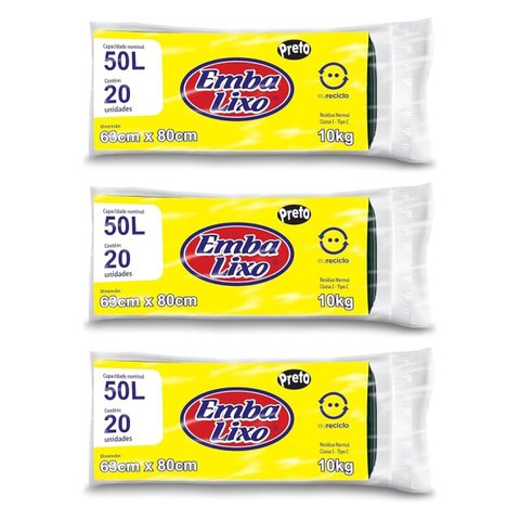 Kit 3 Pacotes Sacos de Lixo Preto Reciclado Resistente Reforçado 50 Litros 63cm x 80cm Pacote com 20