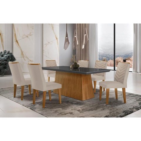 Sala de Jantar Completa Luna C- Tampo de Vidro Canto Curvo 180x90cm e 6 Cadeiras Londrina Imbuia-