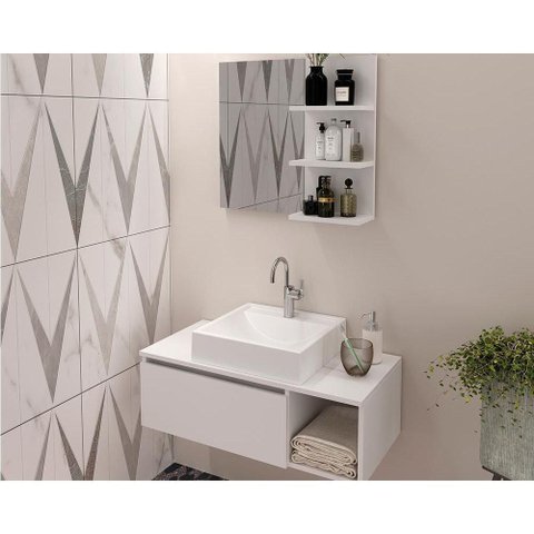 Armário C/ Balcão Banheiro Suspenso Bn3601 S/ Cuba 80cm e Espelho Bn3608 Branco - Tecno Mobili