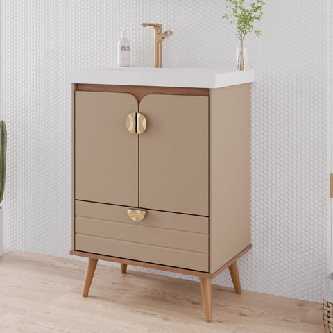 Gabinete para Banheiro 60cm com 2 Portas 1 Gaveta e Cuba de Embutir Trancoso Marrom/Cappuccino