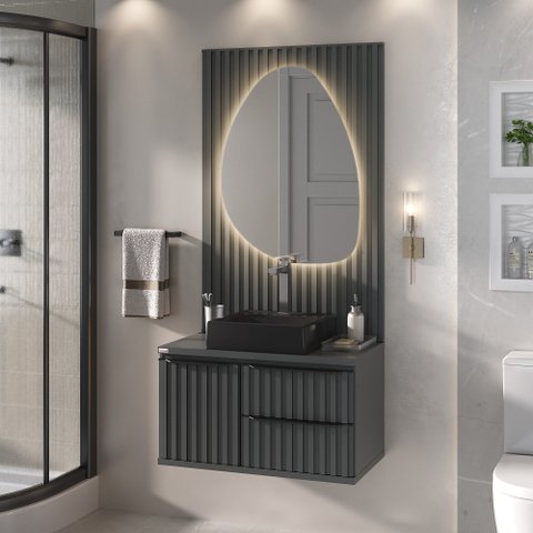 Conjunto Cecília 78cm com Painel Ripado e Espelho Orgânico Led - Fabribam Gabinetes