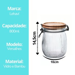 Jogo 2 Potes Vidro Hermético Versalhes Tampa Bambu Trava Black 800ml - Lehaví - 8