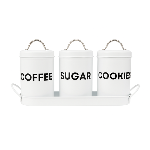 Kit 3 Potes Lata de Mantimentos + Bandeja Industrial Branco - Linha Dom