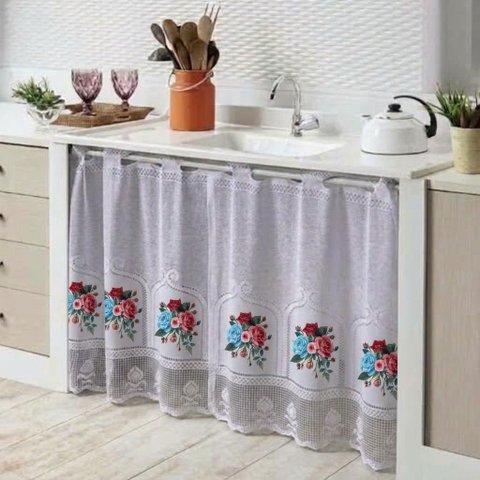 Cortina 0,80 x 1,60 Pia Cozinha Renda Transfer Estampa - Flores