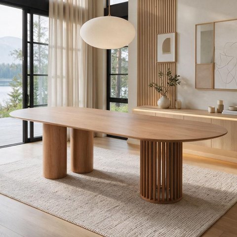 Mesa de Jantar 6 Lugares Oval Base Orgânica Ripada 184cm Speranza B05 Amêndoa Cinamomo - Lyam