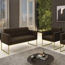Ver imagem 2 de Sofá Namoradeira e 1 Poltrona Base Industrial Dourado Ana Suede Marrom - Ibiza