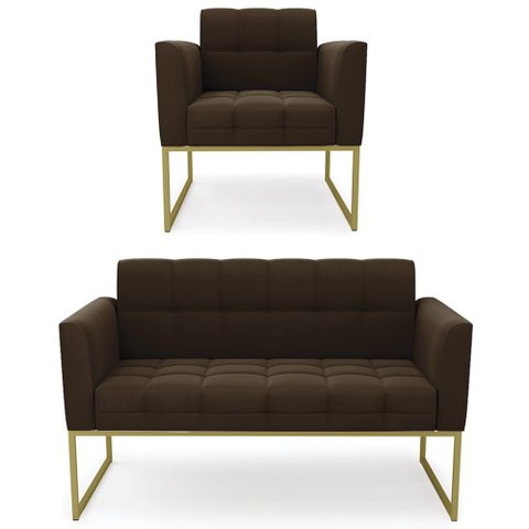 Sofá Namoradeira e 1 Poltrona Base Industrial Dourado Ana Suede Marrom - Ibiza