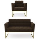 Ver imagem 1 de Sofá Namoradeira e 1 Poltrona Base Industrial Dourado Ana Suede Marrom - Ibiza