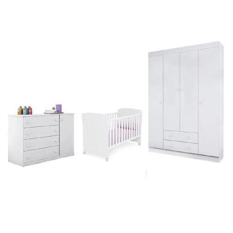 Jogo de Quarto Infantil MDF Old Clean Berço Mini Cama c/ Perfil Doce Sonho c/ Roupeiro e Cômoda