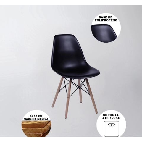 Mesa Industrial Base Ferro Branco em V Tampo 110cm Canela 4 Cadeiras Eames Madeira Assento Preto