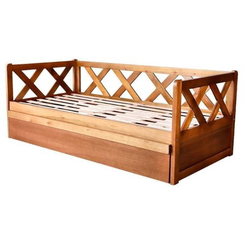 Cama Solteiro com Cama Auxiliar Bicama X Madeira Maciça Marrom Mogno Mell Milani Movelaria