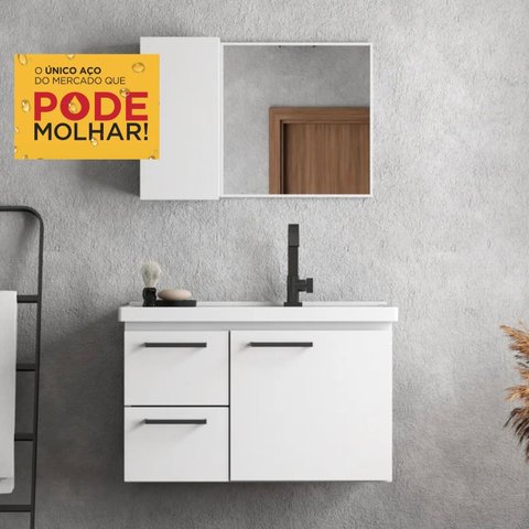 Conjunto para Banheiro em Aço, Gabinete, Cuba e Espelheira 0,62MT 205:Branco Brilho