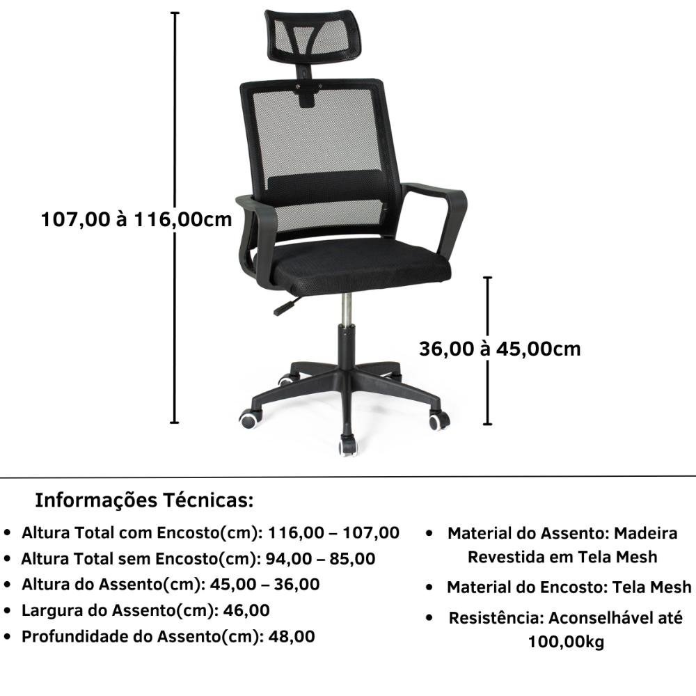 Cadeira de Escritório Giratória Executiva Pro com Regulagem de Altura - Preto - 7