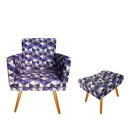 Kit Poltrona Decorativa Bia + Puff Retangular Suede Triângulo Roxo Pés Madeira Ms Decor