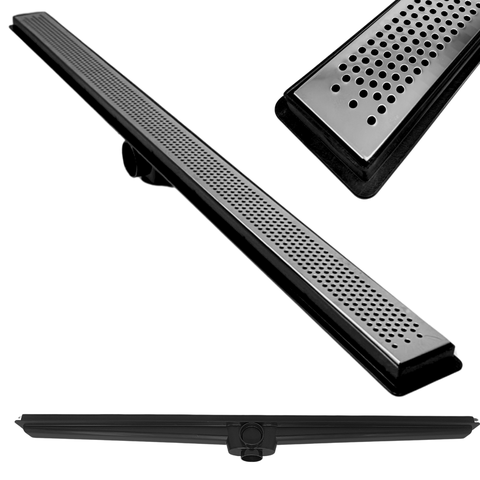 Ralo de Banheiro 5x100 Seca o Piso Inox Bolinha Coletor Preto Saídas 40mm e Tela (5cm x 100cm)