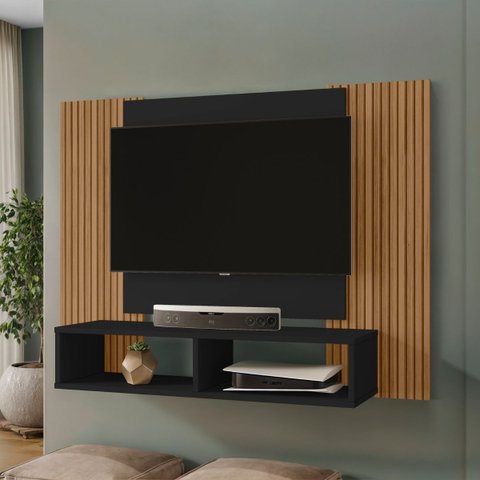 Painel de Tv Navi até 47" Detalhes Ripado Moderno com Nicho:preto