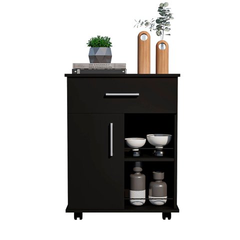 Balcão Fruteira para Micro-ondas 1 Porta 1 Gaveta com Rodízios Preto