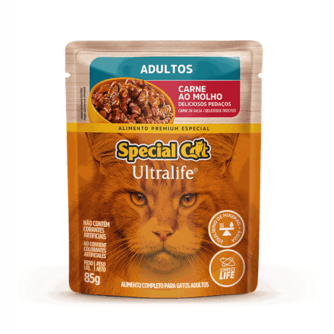 Ração Úmida Special Cat Sachê Carne para Gatos Adultos 85gr Caixa c/ 12 Un. Sache