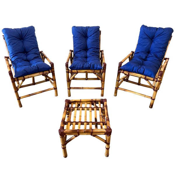 Kit Cadeiras de Bambu 3 Lugares com Almofadas Impermeáveis Azul
