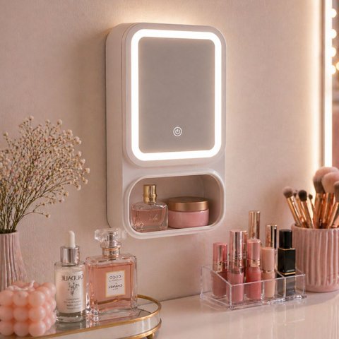 Espelheira LED Touch com Nicho para Maquiagem e Penteadeira