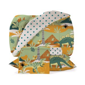 Kit Edredom + Jogo de Lençol - Solteiro - Infantil - Dinossauros - Algodão - Teka