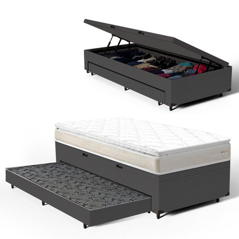 Cama Box Baú com Colchão de Espuma D45 Pillow Top Ortopédico Domo + Auxiliar Solteiro 88cm