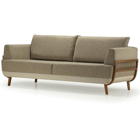 Sofá Blendi Ozki 200 Cm Madeira Eucalipto Cedro Tecido Composê Cinza e Bege Corda Redonda Canela