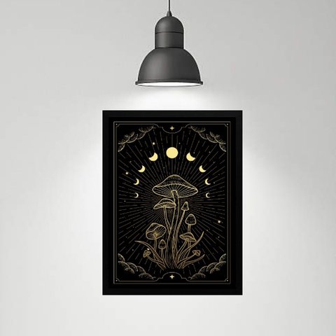 Quadro Decorativo Cogumelos Fases da Lua 24x18cm:madeira Branca