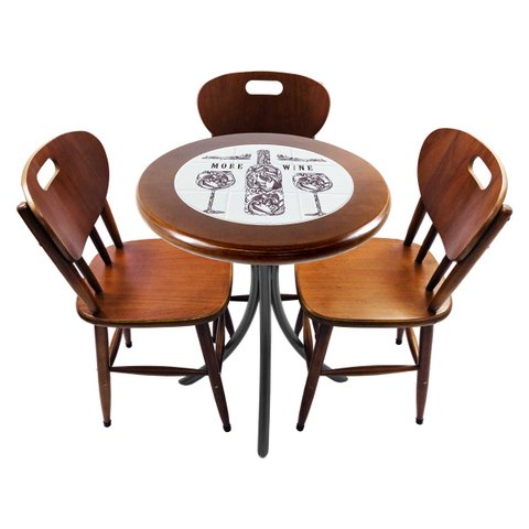 Conjunto Mesa Madeira Azulejo 60cm - Bistrô Fixa 78cm + 3 Cadeiras 43 - Natural - More Wine