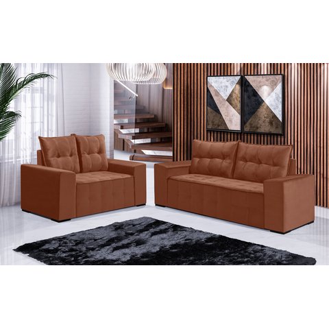 Conjunto Sofá de Veludo 3 e 2 Lugares Estilo Estofados Las Vegas 2,00x1,50m "terracota"