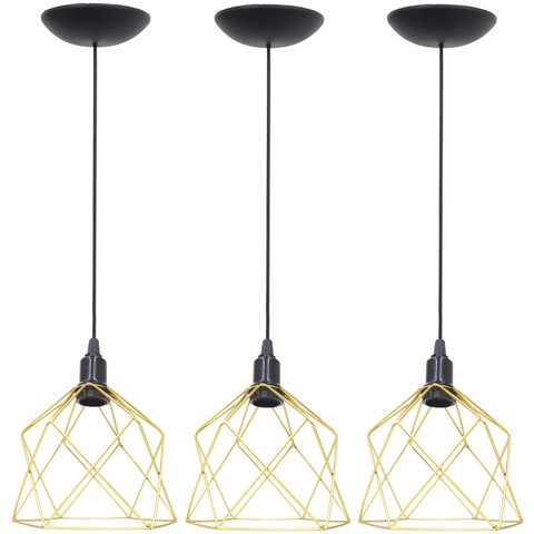 3 Pendentes Aramado Cálice Luminária Lustre Teto Retrô Vintage Industrial Balcão Dourado