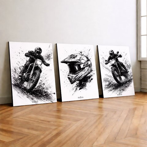Kit 3 Quadro Decorativo Motocross Trilha Off Road Enduro Moderno 28x20cm