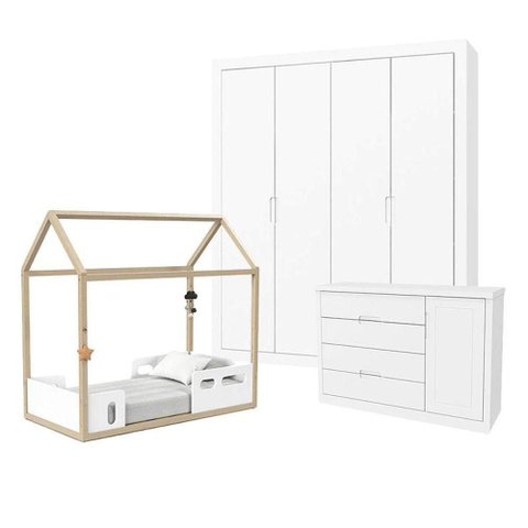 Quarto de Bebê Tutto New 4 Portas e Mini Cama Montessoriana Liv Branco Soft Natural - Matic